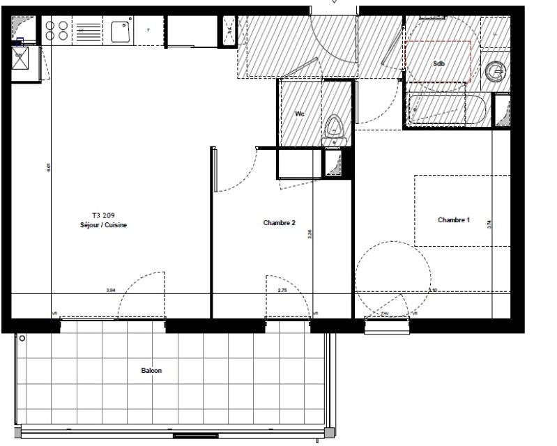 Appartement T3 – 57m² – 696€/mois