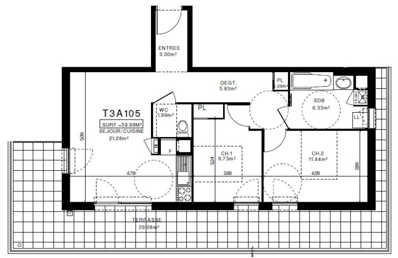 Appartement T3 – 59m² – 760€/mois