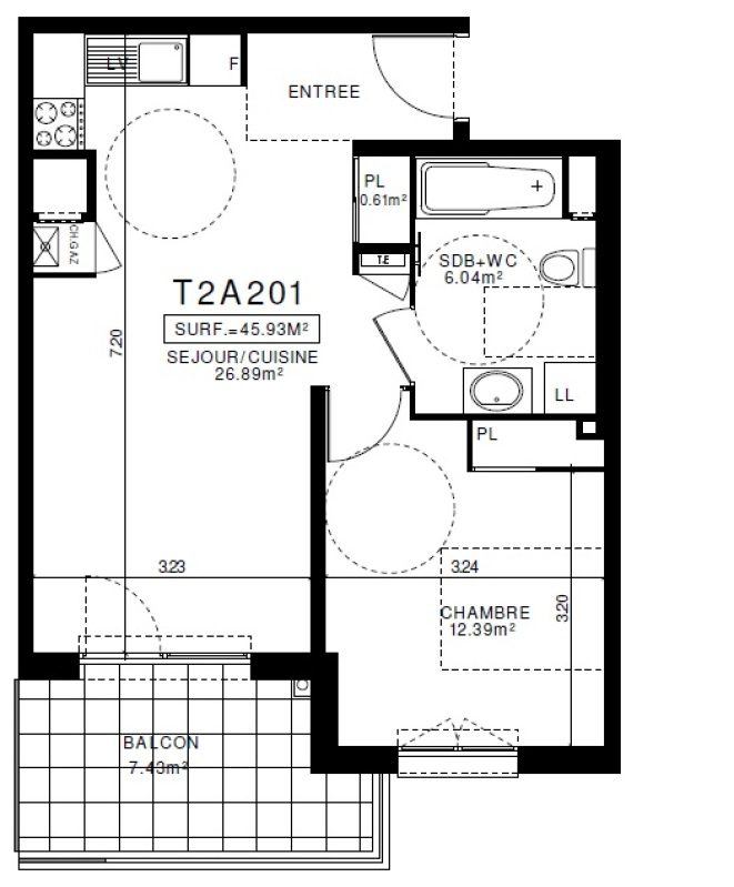 Appartement T2 – 45m² – 550€/mois