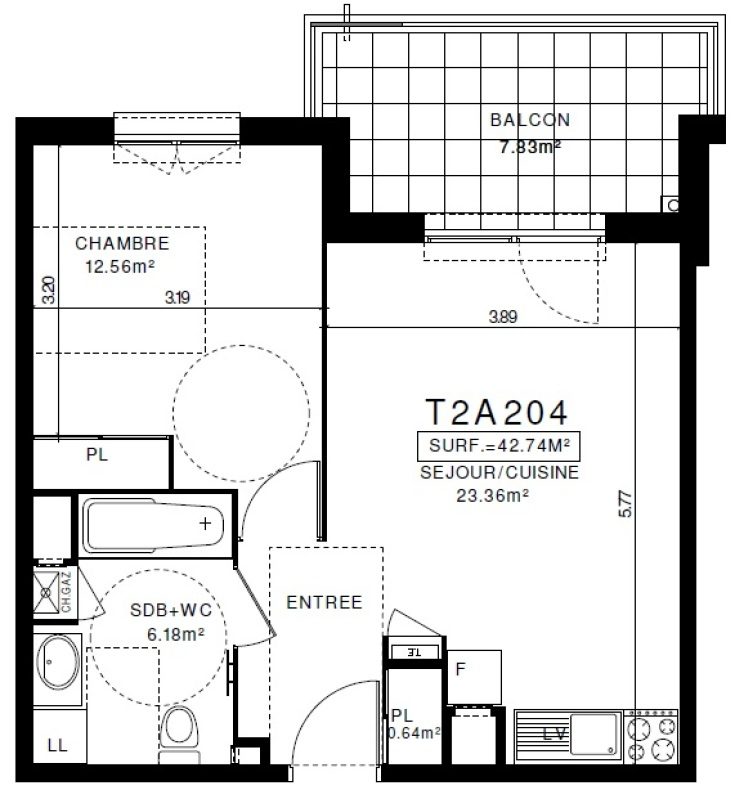 Appartement T2 – 42m² – 530€/mois