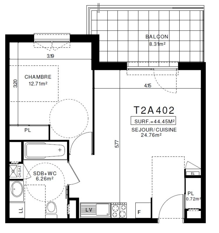 Appartement T2 – 44m² – 590€/mois