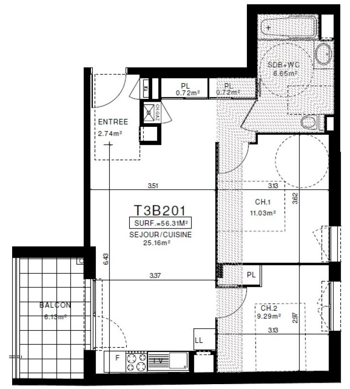 Appartement T3 – 56m² – 740€/mois