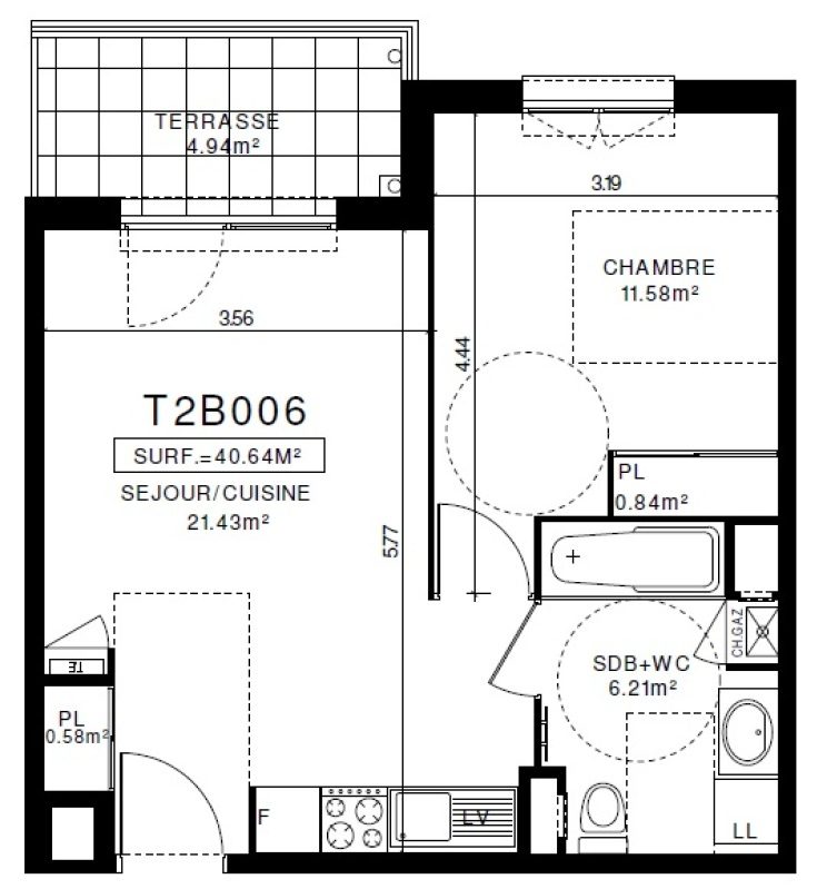 Appartement T2 – 40m² – 510€/mois