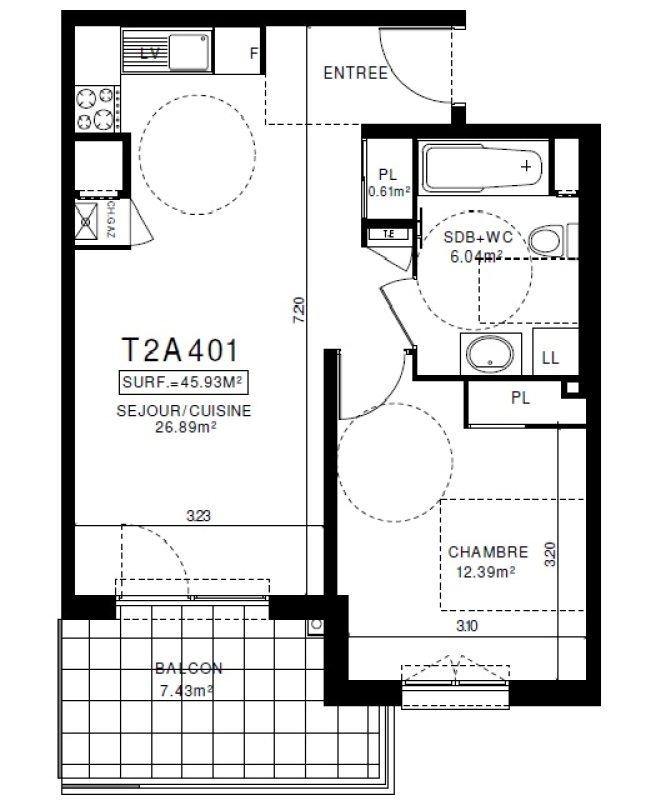 Appartement T2 – 45m² – 600€/mois