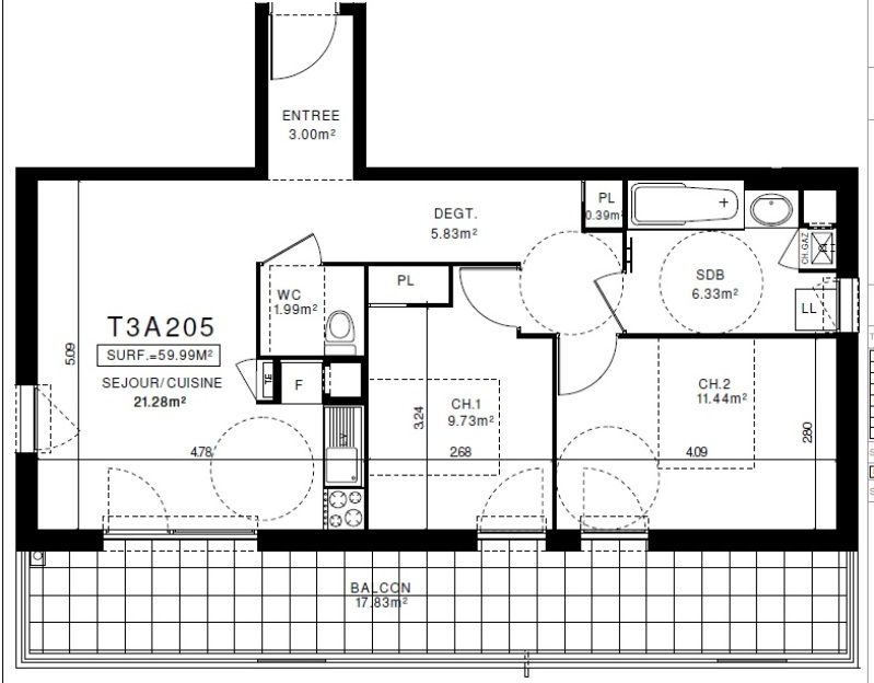 Appartement T3 – 59m² – 760€/mois