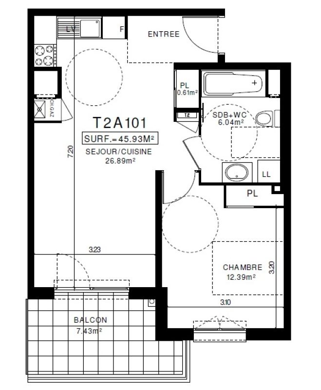 Appartement T2 – 45m² – 600€/mois