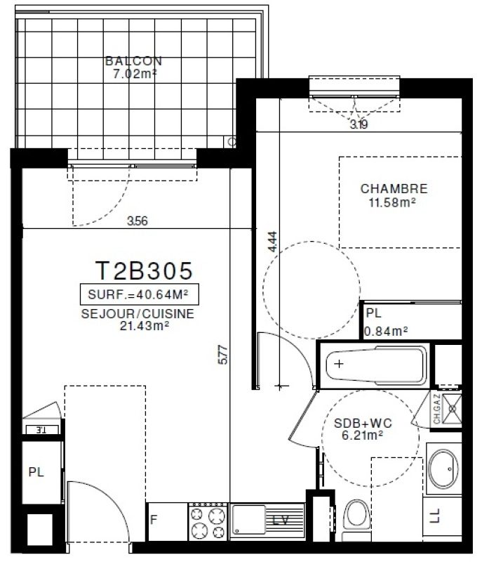 Appartement T2 – 40m² – 510€/mois