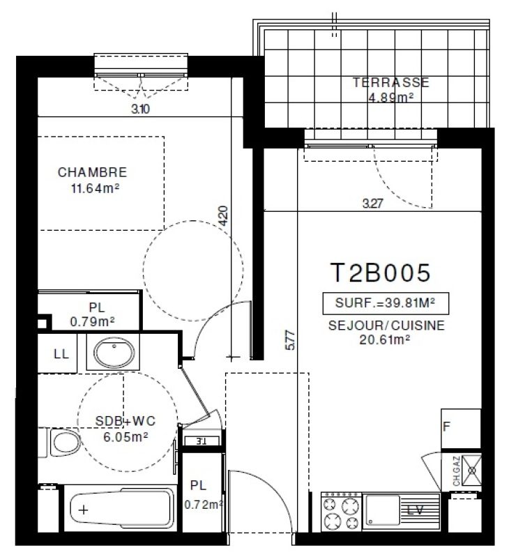 Appartement T2 – 39m² – 500€/mois