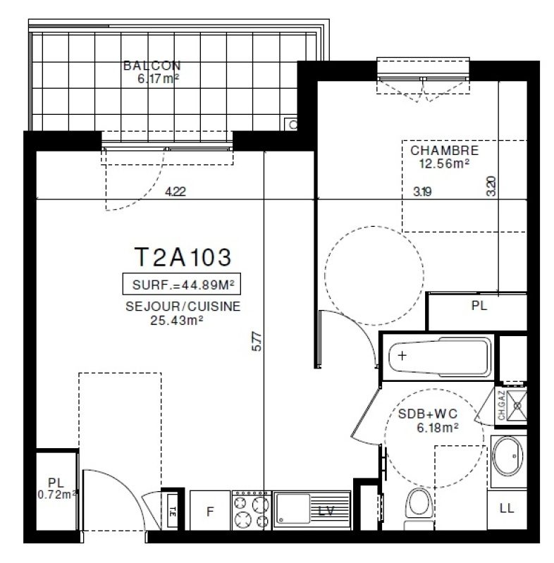 Appartement T2 – 44m² – 540€/mois