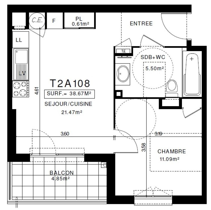 Appartement T2 – 38m² – 500€/mois