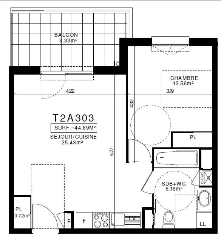 Appartement T2 – 44m² – 590€/mois