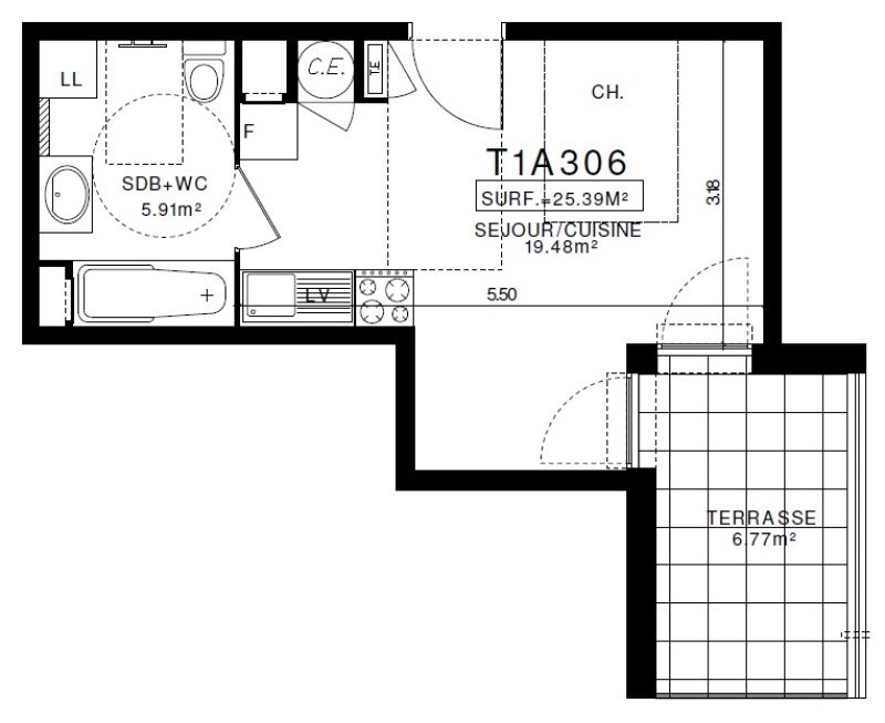 Appartement T1 – 25m² – 410€/mois