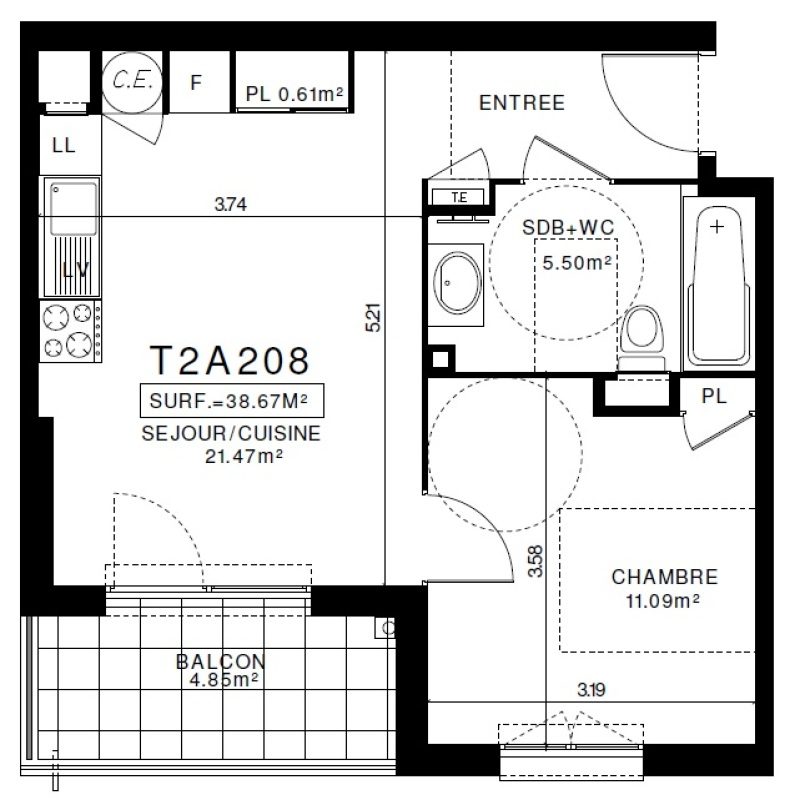 Appartement T2 – 38m² – 530€/mois