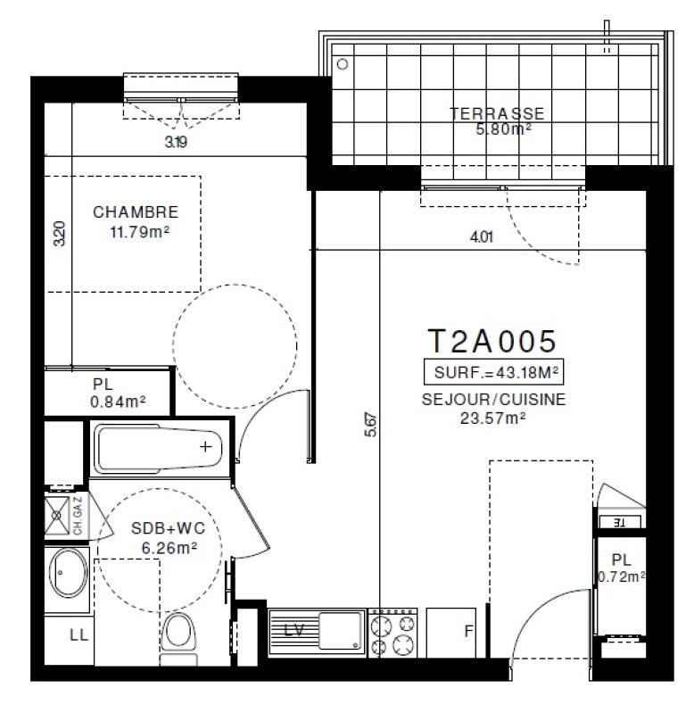 Appartement T2 – 43m² – 530€/mois