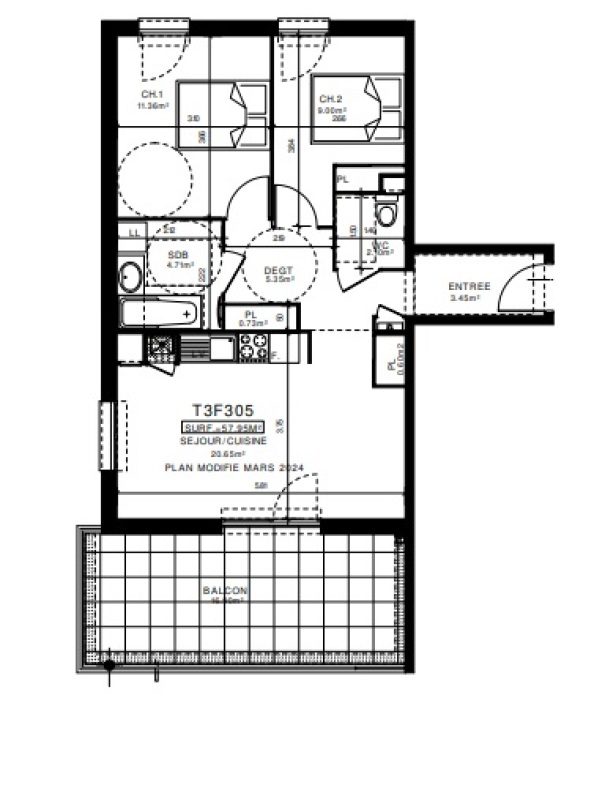 Appartement T3 – 57m² – 725€/mois