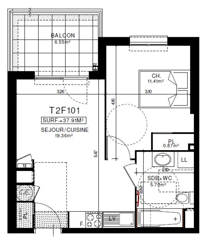 Appartement T1 – 37m² – 535€/mois