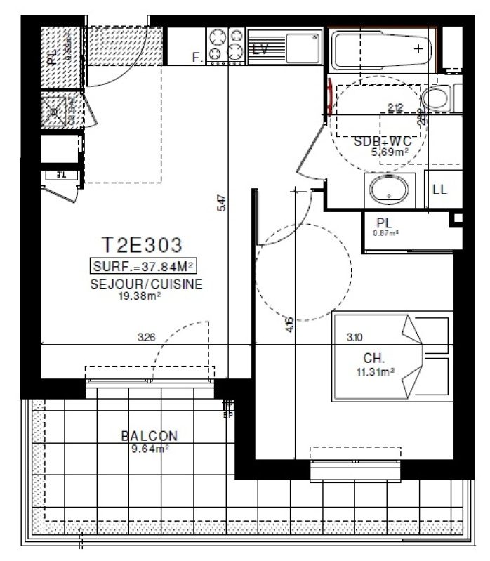 Appartement T2 – 37m² – 535€/mois