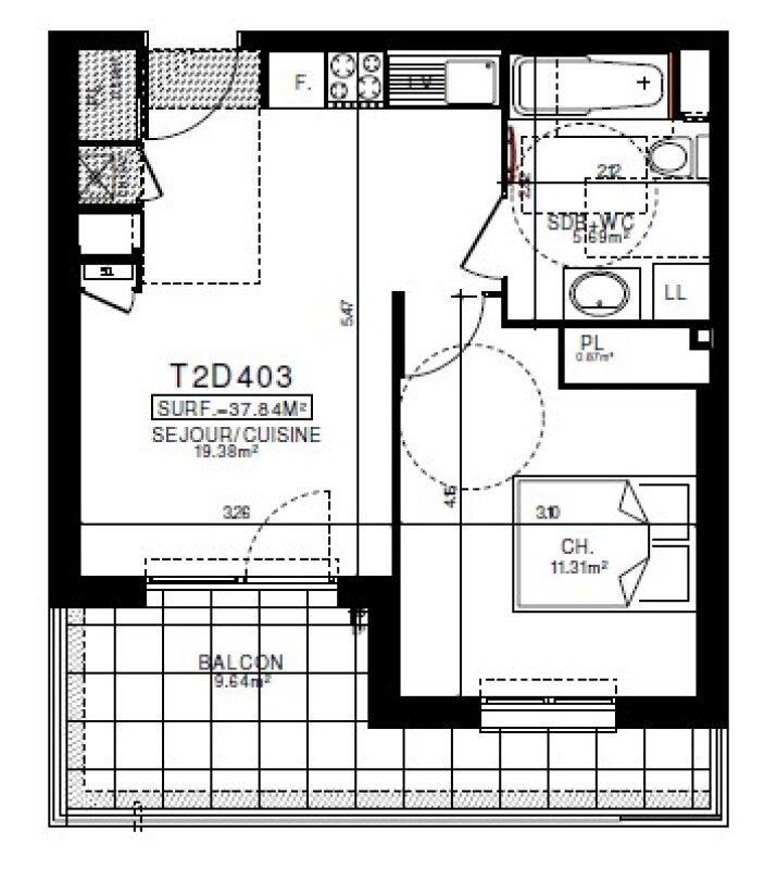 Appartement T2 – 37m² – 535€/mois