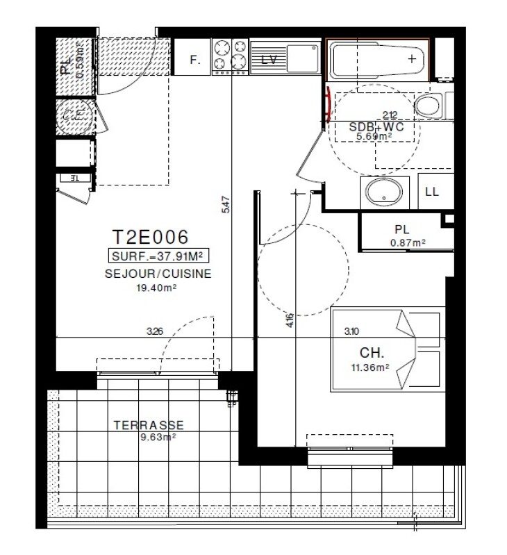 Appartement T2 – 37m² – 535€/mois