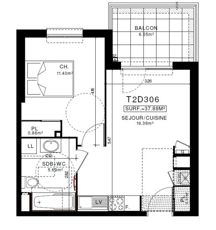 Appartement T2 – 37m² – 535€/mois
