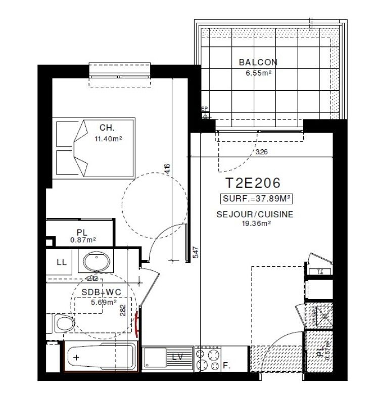 Appartement T2 – 37m² – 535€/mois
