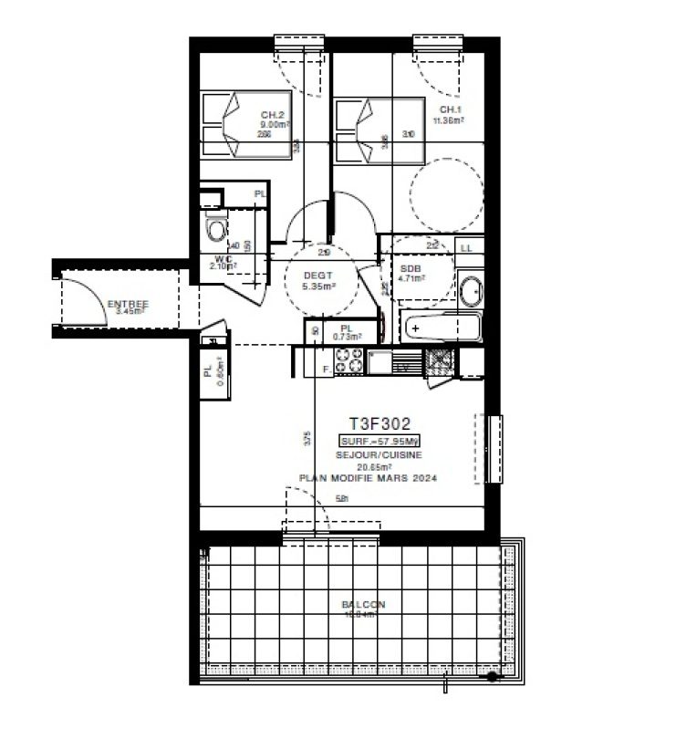 Appartement T3 – 57m² – 725€/mois