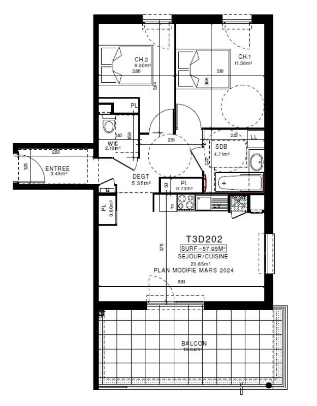 Appartement T3 – 57m² – 725€/mois