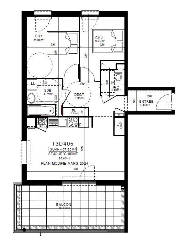 Appartement T3 – 57m² – 725€/mois