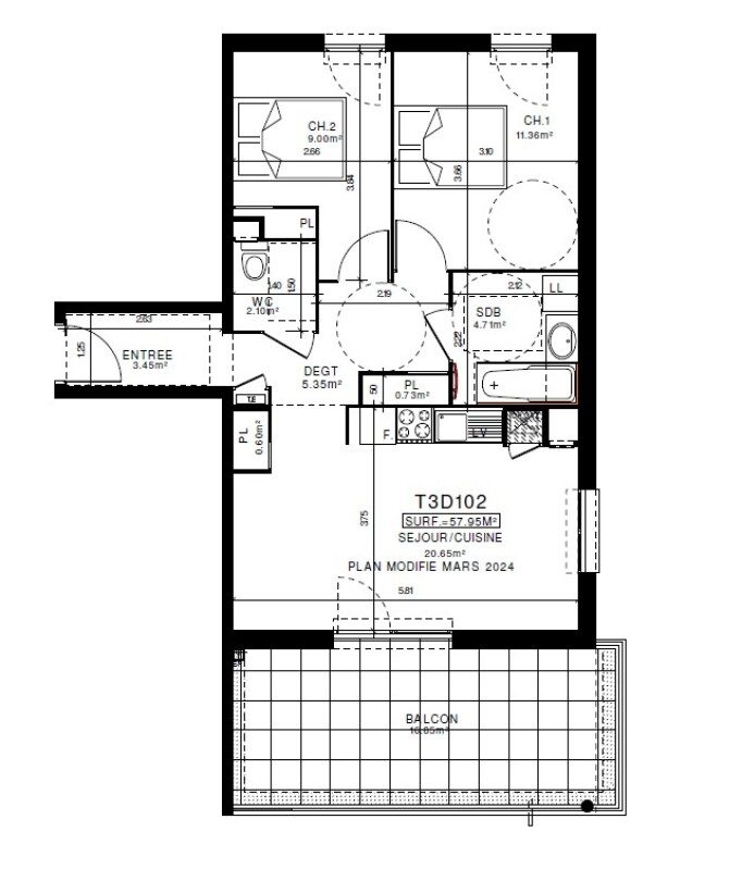 Appartement T3 – 57m² – 725€/mois