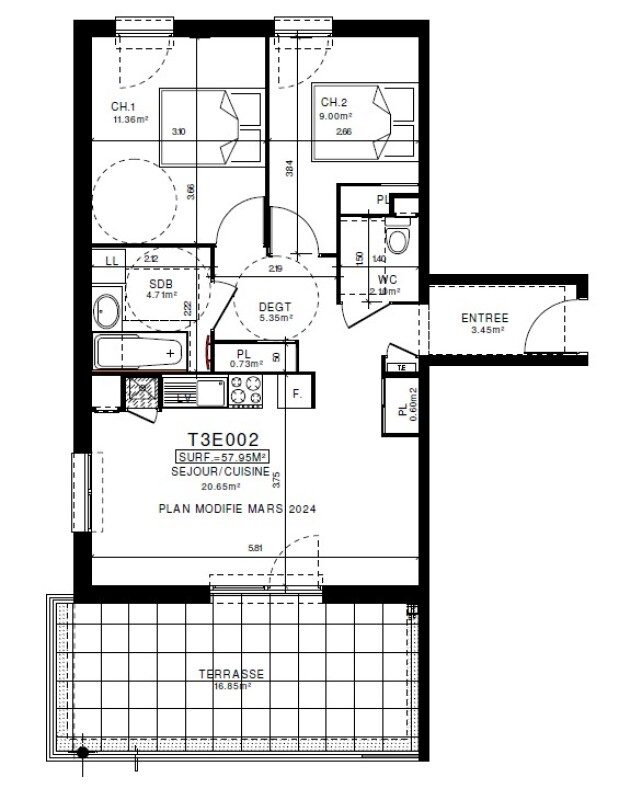 Appartement T3 – 57m² – 745€/mois
