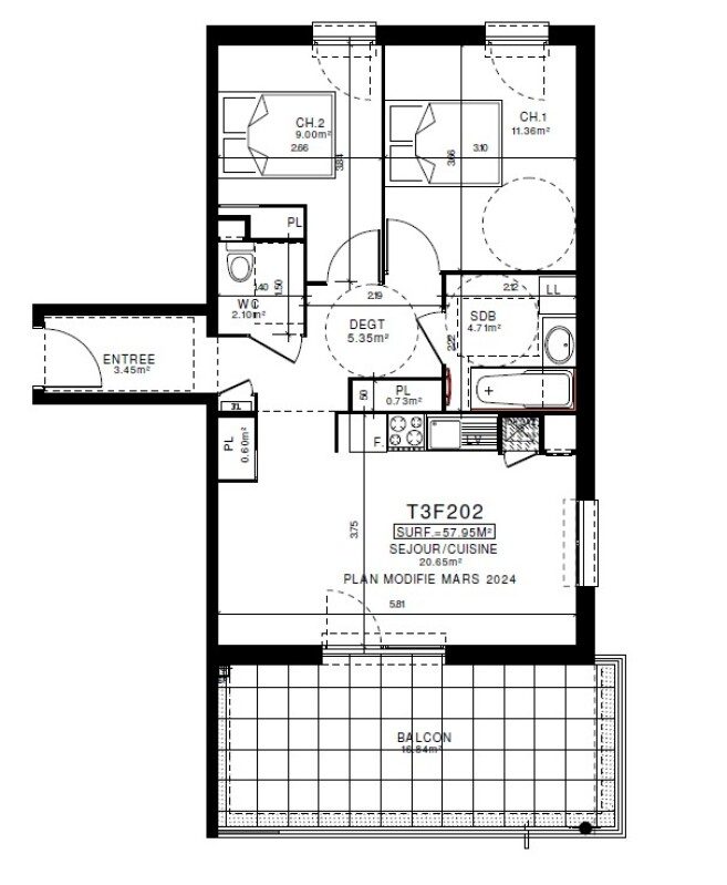 Appartement T2 – 57m² – 725€/mois