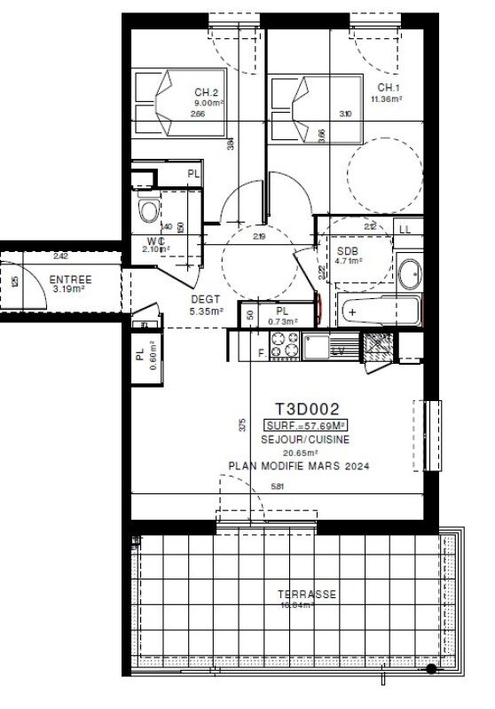 Appartement T3 – 57m² – 745€/mois