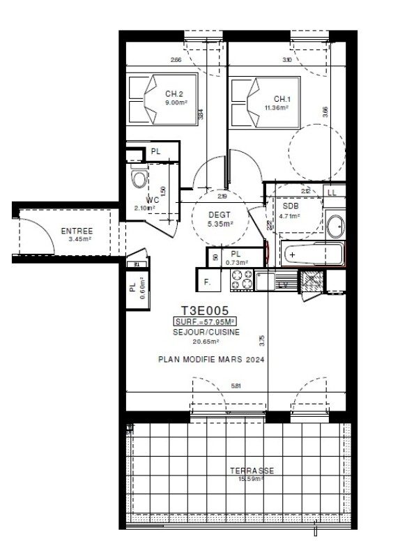 Appartement T3 – 57m² – 745€/mois