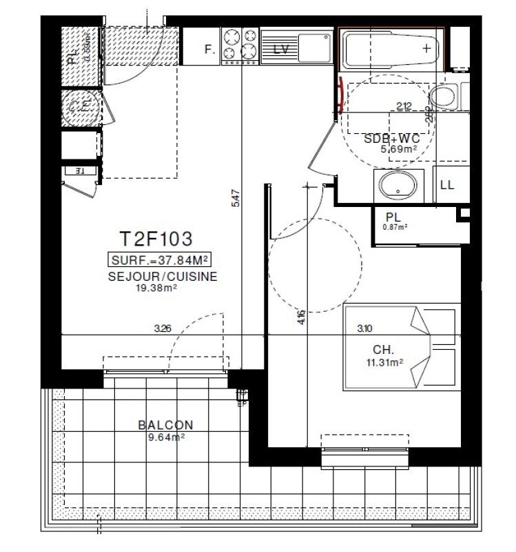 Appartement T1 – 37m² – 535€/mois