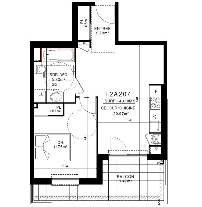 Appartement T2 – 43m² – 555€/mois
