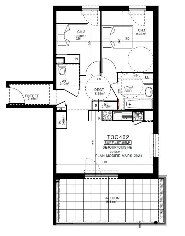 Appartement T3 – 57m² – 725€/mois