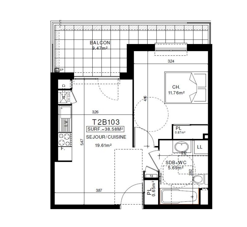 Appartement T2 – 38m² – 535€/mois