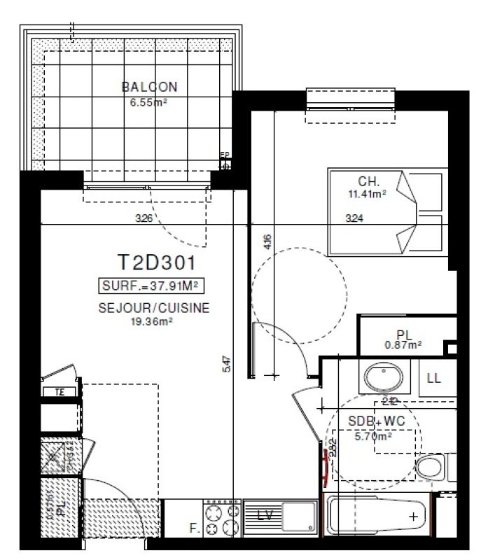 Appartement T2 – 37m² – 535€/mois