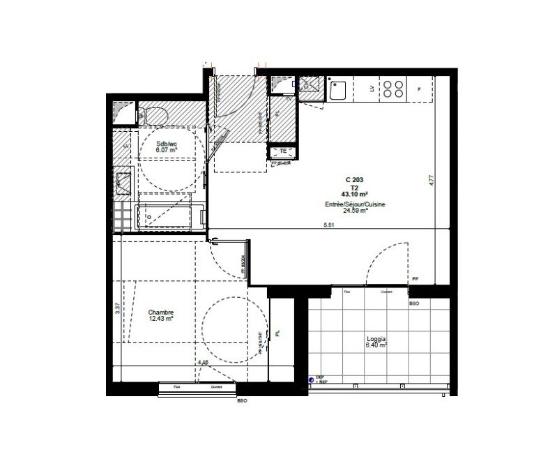 Appartement T2 – 43m² – 625€/mois