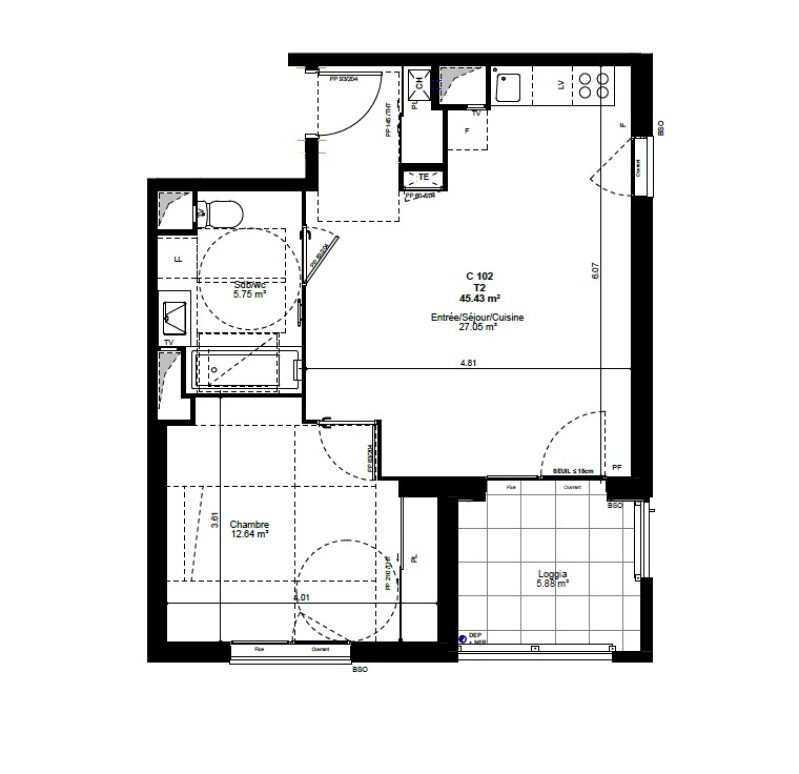Appartement T2 – 45m² – 725€/mois