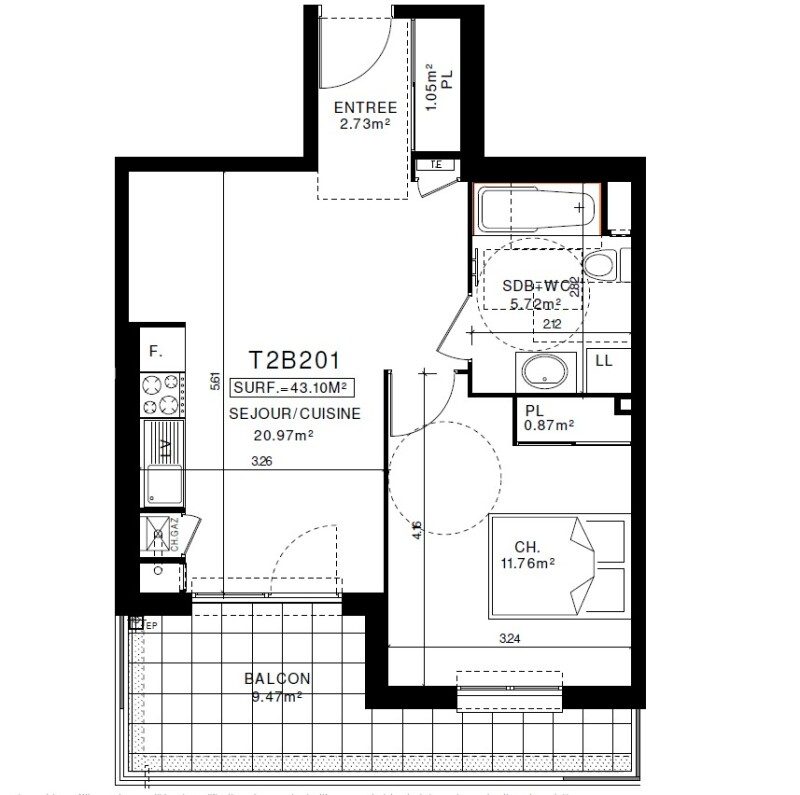Appartement T2 – 43m² – 555€/mois