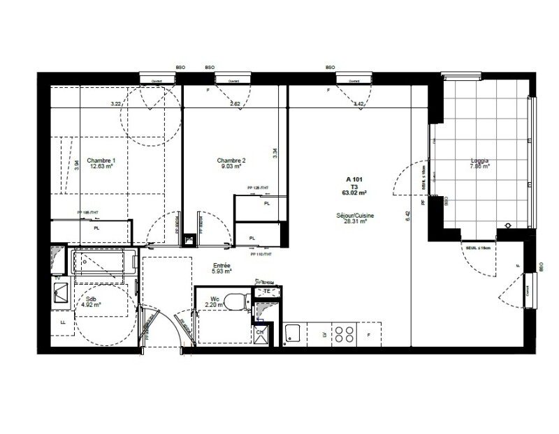 Appartement T3 – 63m² – 950€/mois