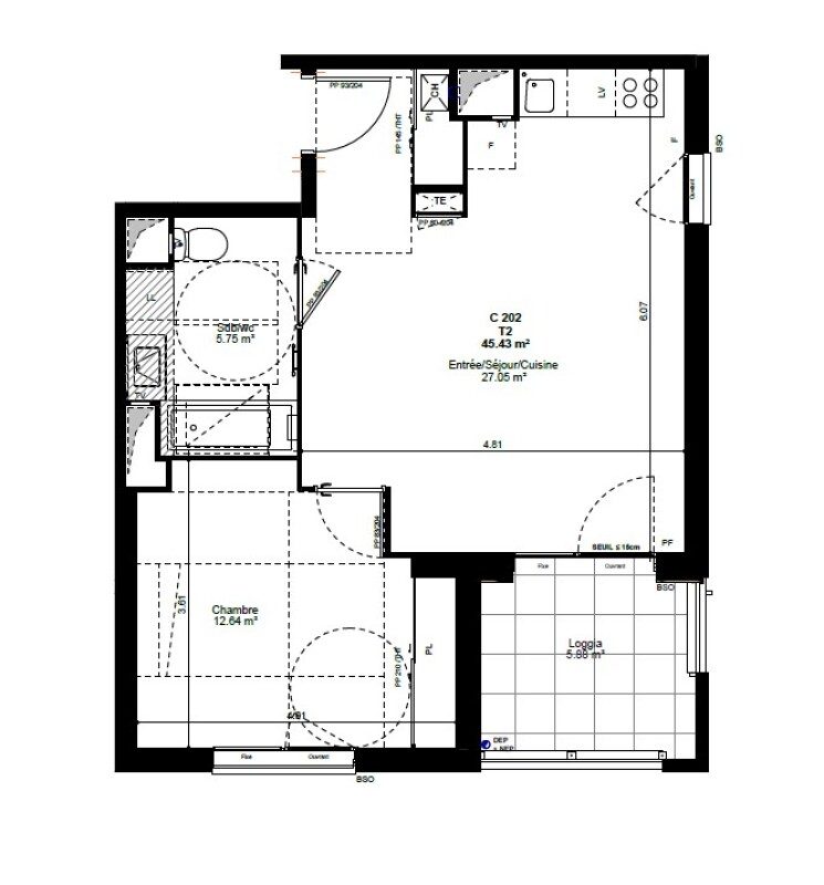 Appartement T2 – 45m² – 775€/mois
