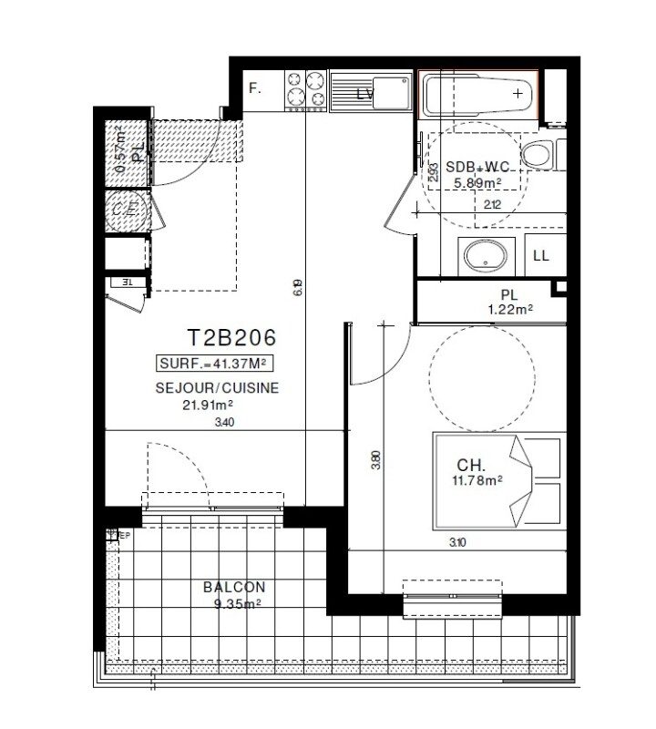 Appartement T2 – 41m² – 535€/mois