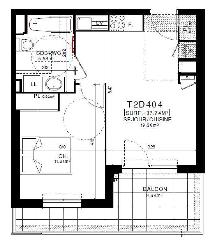 Appartement T2 – 37m² – 535€/mois