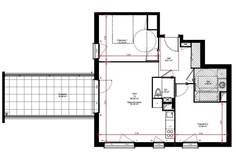 Appartement T3 – 59m² – 828€/mois